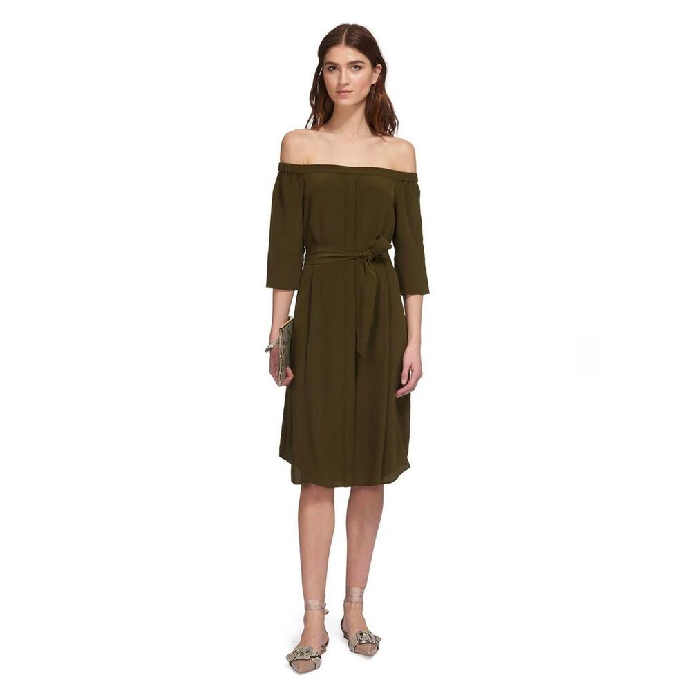 Whistles Flavia Off The Shoulder Midi Silk Tie Dress Khaki Green Size 0 XS NWT